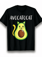 Unisex 220GSM 100% Cotton Retro Graphic T-Shirt, Funny Avocado Avogato Cat Pun Crew Neck All-Season Casual Tee for Men Women