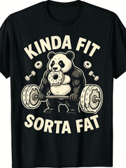 Unisex Black Crew Neck Short Sleeve Cotton T-Shirt, Side Profile Muscular Panda Donut Barbell "Kinda Fit Sorta Fat" Funny Gym Humor Graphic Tee, Soft Casual Fitness Top Workout Lover Daily Gif