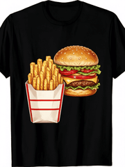 Unisex Burger Fries Costume T-Shirt, Retro Hamburger French Fries Graphic Tee, 220GSM 100% Pure Cotton, Halloween Themed Party Casual Top for Men Women Food Lovers