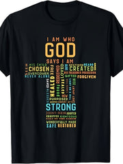 Unisex Christian Faith Cross Graphic T-Shirt I Am Who God Says I Am Colorful Religious Inspirational Casual Short Sleeve Tee