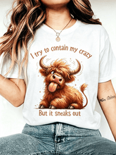 Unisex Cute Crazy Highland Cow Graphic T-Shirt I Try To Contain My Crazy Funny Farm Animal Casual Short Sleeve Tee