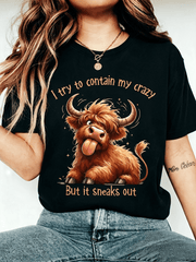 Unisex Cute Crazy Highland Cow Graphic T-Shirt I Try To Contain My Crazy Funny Farm Animal Casual Short Sleeve Tee