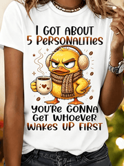 Unisex Cute Grumpy Winter Duck Coffee Graphic T-Shirt I Got About 5 Personalities Funny Coffee Lover Casual Short Sleeve Tee