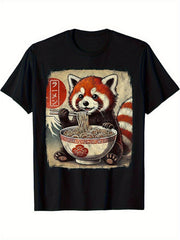 Unisex Cute Red Panda Eating Ramen Japanese Vintage Graphic Crew Neck Short Sleeve T-Shirt
