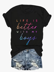 Unisex Mom Life Gradient Graphic T-Shirt Life Is Better With My Boys Mother Son Casual Short Sleeve Tee