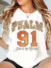 Unisex Psalm 91 God Is My Refuge Graphic T-Shirt, Inspirational Christian Bible Verse Crew Neck Spring Summer Casual Country Tee for Men Women