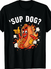 Unisex Retro Sup Dog Hotdog Graphic T-Shirt, Casual Crew Neck Short Sleeve Tee, Machine Washable Year-Round Top for Hotdog Lovers, Picnic & Party Outfit