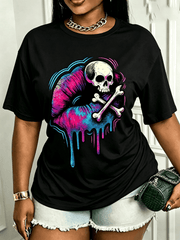 Vibrant Tie Dye Lip Skull Print Top Edgy Halloween Punk Soft Women’s Everyday Shirt