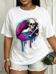 Vibrant Tie Dye Lip Skull Print Top Edgy Halloween Punk Soft Women’s Everyday Shirt