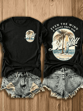 Vintage Oval Be Still Palm Tree Surfboard Beach Bible Verse T-Shirt, Even The Wind & Waves Obey Him Religious Faith Back Graphic Casual Shirt