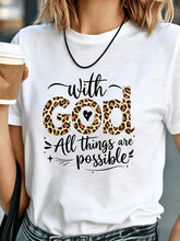With God All Things Are Possible Leopard Print Heart Christian T-Shirt, Inspirational Religious Boho Leopard Pattern Women's Short Sleeve Tee