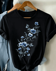 Women Blue Floral Graphic T-Shirt, Cute Flower Casual Crew Neck Short Sleeve Tee, Soft Lightweight Top for Spring Summer