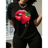 Women Casual T Shirt Featuring Strawberry Lip Print Comfortable Fit Short Sleeve Machine Washable Ideal for Spring Summer and Fall Perfect Gift for Sisters