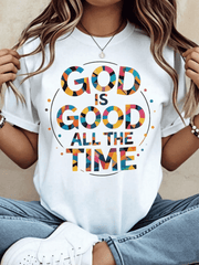 Women Christian Graphic T-Shirt, God Is Good All The Time Religious Faith Statement Tee, Soft Casual Summer Crew Neck Cotton Top