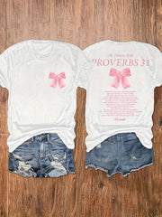 Women Double Sided Proverbs 31 The Virtuous Wife Pink Bow Graphic T-Shirt Christian Faith Inspirational Scripture Casual Short Sleeve Tee