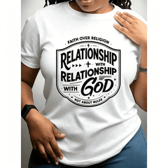 Women Faith Over Religion Relationship With God Badge Graphic T-Shirt Christian Religious Top