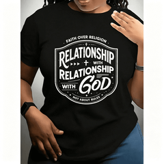 Women Faith Over Religion Relationship With God Badge Graphic T-Shirt Christian Religious Top
