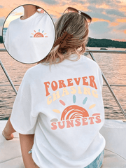 Women Forever Chasing Sunsets Double Sided Sunset Graphic Crew Neck Short Sleeve Casual Summer Beach Vacation Tee