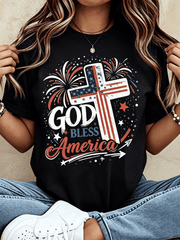 Women God Bless America Patriotic Cross Flag Graphic T-Shirt