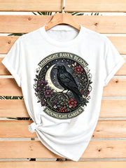 Women Midnight Raven Bloom Moonlight Garden Graphic T-Shirt, Vintage Floral Crow Moon Print Crew Neck Short Sleeve Casual Summer Tee
