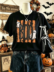 Women Retro Boo Ghost Graphic Tee, Vintage Striped Ghost Bat Print T‑Shirt, Casual Short Sleeve For Halloween Party