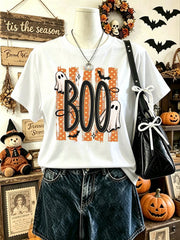 Women Retro Boo Ghost Graphic Tee, Vintage Striped Ghost Bat Print T‑Shirt, Casual Short Sleeve For Halloween Party