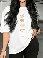 Women'S Casual Short Sleeve T-Shirt with Heart Design - Round Neck, Black, Lightweight Polyester, Heart Graphic Tee