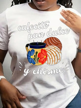 Women'S Mexican Hispanic Pride Cafecito Pan Dulce Y Chisme Graphic T-Shirt Black Short Sleeve Round Neck Casual Top With Vibrant Breakfast Design