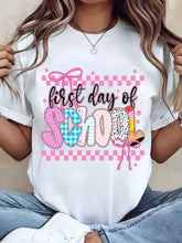Women T Shirt First Day Of School Printed Design With Pink Bow And Checkered Pattern Crew Neck Tee