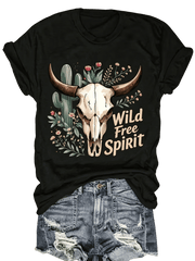 Women's 100% Cotton Crew Neck Black Short Sleeve T-Shirt, Wild Free Spirit Western Cow Skull Cactus Graphic Tee, Soft Fade Resistant Casual Top for Country Concert Daily Outdoor Wear