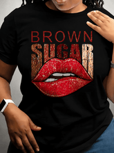 Women's Black Graphic T Shirt, Brown Sugar Red Lips Print Tee, Fashion Casual Short Sleeve Shirt, Trendy Beauty Lover Gift Top