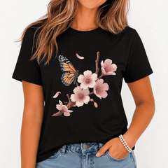 Women's Butterfly Cherry Blossom Graphic Tee Floral Spring Casual T-Shirt