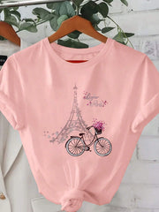 Women's Casual Round Neck Short Sleeve T-Shirt Bonjour Paris Graphic Tees Women Tops