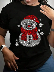 Women's Christmas Snowman Graphic T-Shirt Santa Hat Snowflake Print Holiday Short Sleeve Casual Tee