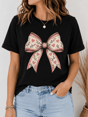 Women's Coquette Bow Graphic T-Shirt, Pink Floral Heart Ribbon Print Casual Crew Neck Short Sleeve Summer Tee