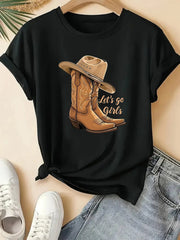 Women's Cowboy Boots & Hat Monogram Print T-Shirt - Western Style Short Sleeve Top Suitable for Spring Summer Fall Casual Wear