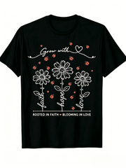 Women's Crew Neck Short Sleeve T-Shirt, Minimal Daisy Ladybug Faith Hope Love Inspirational Graphic Tee, Soft Lightweight Casual Pullover Top, Relaxed Fit Spring Summer Daily Wear, Religious Motivati
