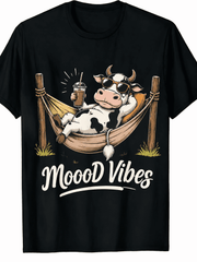 Women's Cute Cow Graphic T Shirt, Funny Relaxing Cow Hammock Print Short Sleeve Crew Neck Casual Summer Top