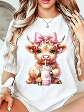 Women’s Cute Highland Cow Boba Milk Tea Graphic T-Shirt Pink Glitter Bow Western Country Coquette Short Sleeve Casual Tee