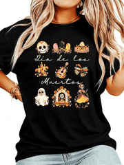 Women's Dia de los Muertos Halloween T-Shirt Sugar Skull Floral Day of the Dead Graphic Casual Tee