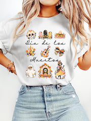 Women's Dia de los Muertos Halloween T-Shirt Sugar Skull Floral Day of the Dead Graphic Casual Tee