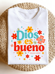 Women’s Dios Es Bueno Salmo 1005 Floral Christian Graphic Tee Retro Spanish Faith Short Sleeve T-Shirt