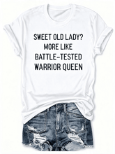 Women’s Funny Sweet Old Lady Warrior Queen Graphic T-Shirt, Empowering Senior Women Short Sleeve Casual Tee Gift for Grandma Mom