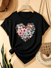 Women's Heart Shaped Floral Bouquet Graphic T-Shirt Vintage Wildflower Heart Casual Summer Tee