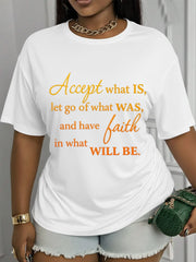 Women’s Inspirational Accept What Is Let Go What Was Faith Quote Short Sleeve T-Shirt, Casual Loose Positive Message Graphic Tee for Everyday Wear