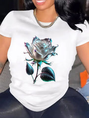 Women’s Iridescent Silver Teal Rose Floral Graphic Crew Neck Short Sleeve Casual T-Shirt