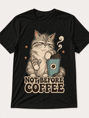 Women’s Not Before Coffee Cat Graphic T-Shirt, Funny Coffee Lover Short Sleeve Crew Neck Casual Black Tee