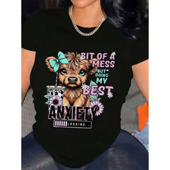 Women's Plus Size Cute Floral Highland Cow Cotton Casual T-Shirt - Short-Sleeve Round Neck Elegant Fashion Top, Comfortable Streetwear for Daily Wear