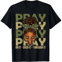 Women's Pray On It Over It Through It Camo Bow Afro Prayer Graphic Short Sleeve Crew Neck T-Shirt