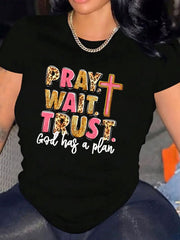 Women’s Pray Wait Trust Leopard Print Cross Christian Graphic Crew Neck Short Sleeve Casual T-Shirt